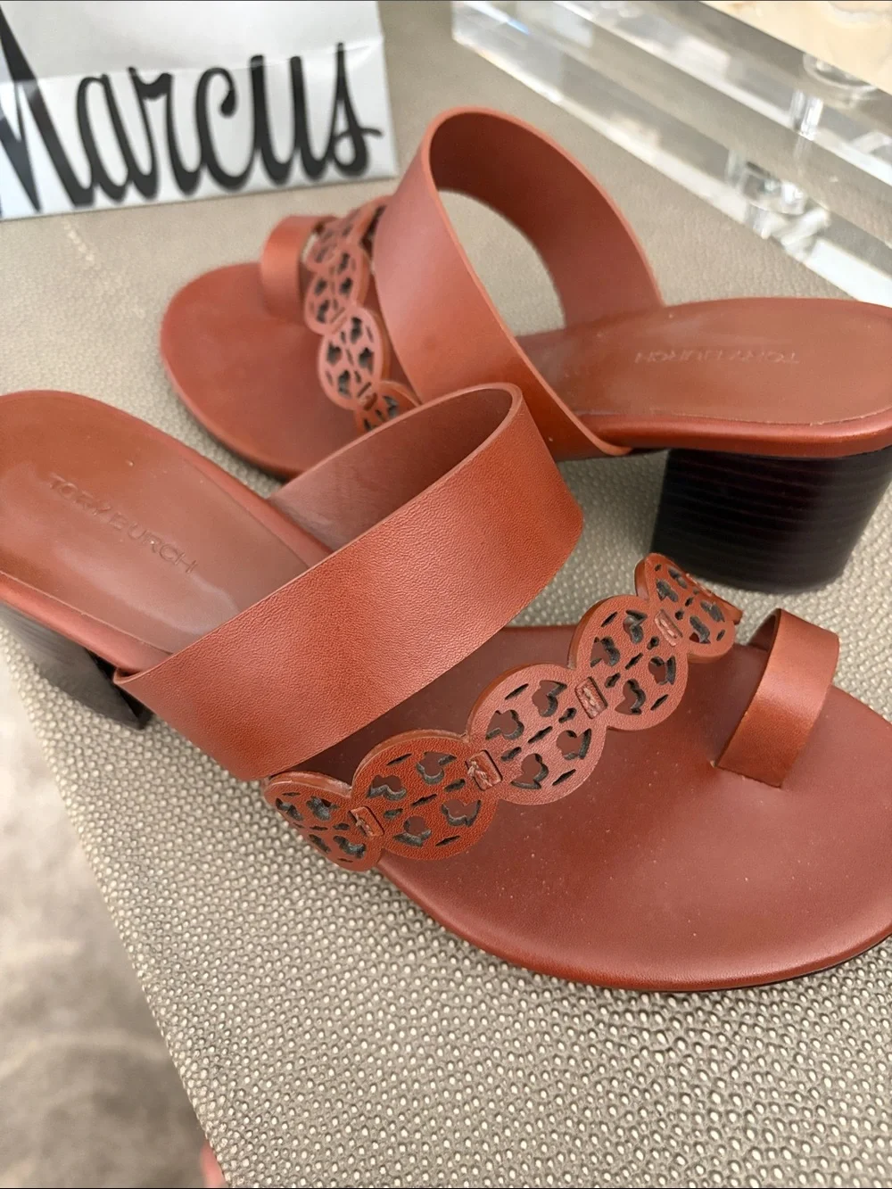 Tory Burch Brown Leather Slide Sandals with Cutout Logo Trim